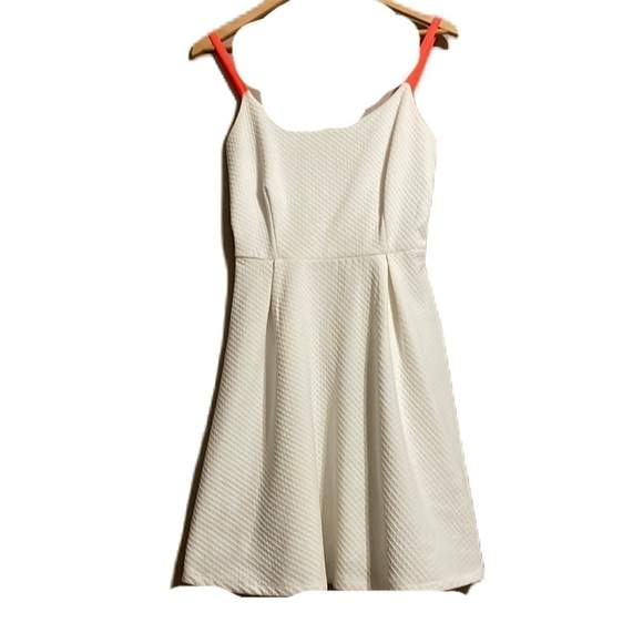 Soprano M white dress with orange neon strap textured fit flare dress - Picture 1 of 7